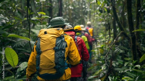 A group of hikers all wearing brightly colored jackets and hats make way through the dense foliage of the forest. They are determined . .