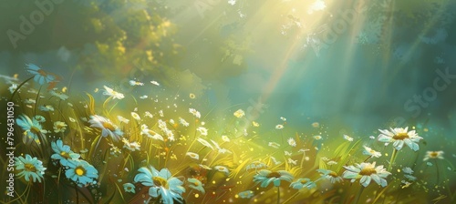 Beautiful spring meadow with white daisies, sun rays and blurred background. Nature landscape with wild flowers in sunny day. Background banner for design, banner with copy space. photo