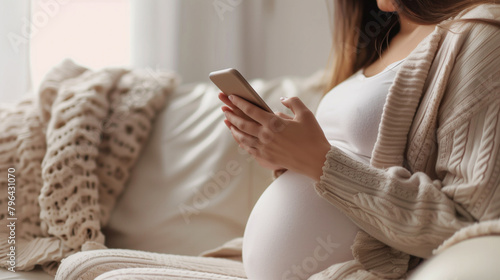 Young adult pregnant woman in white clothes sitting on sofa at living room and using smartphone. Finger touching screen. Baby expectation time. Home relax, generative ai