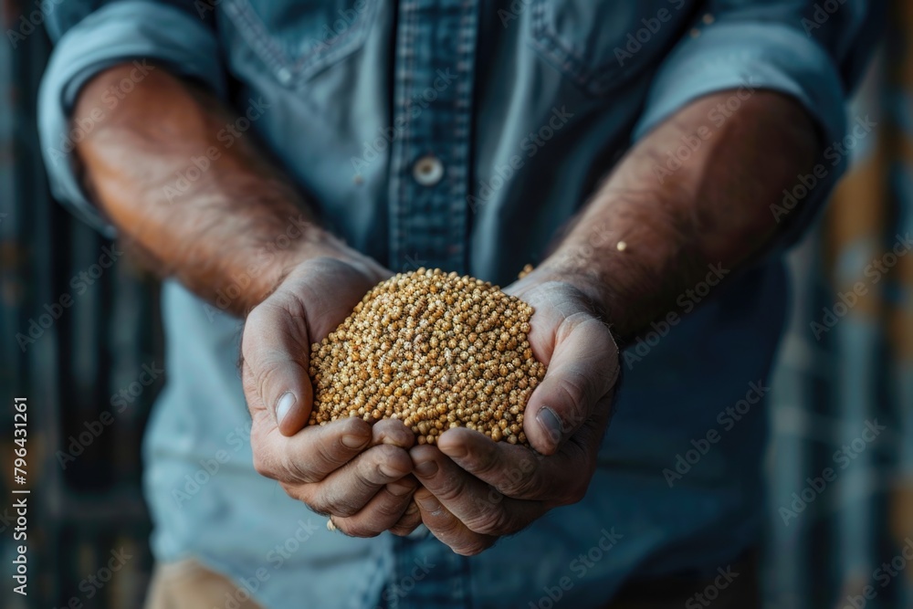A man holding a handful of grain, suitable for agricultural concepts A man holding a handful of grain, suitable for agricultural concepts