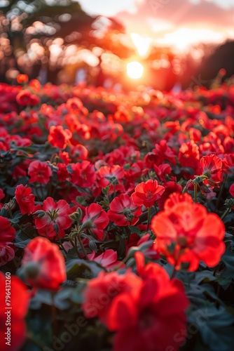 The ground is covered with red flowers  and the sky in front has a beautiful sunrise. 