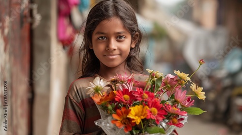 A young girl selling flowers on the streets to support her family.