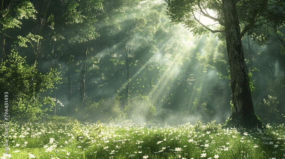 Serene woodland glade highlighted by beams of soft sunlight Serene woodland glade highlighted by beams of soft sunlight