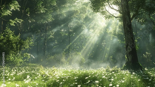 Serene woodland glade highlighted by beams of soft sunlight photo