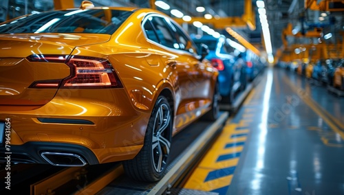 Close-up of Blue and Orange Car Assembly Line in Industrial Manufacturing Factory