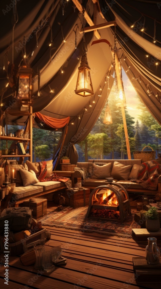 b'Cozy interior of a furnished tent with a fireplace and a view of the forest outside' b'Cozy interior of a furnished tent with a fireplace and a view of the forest outside'