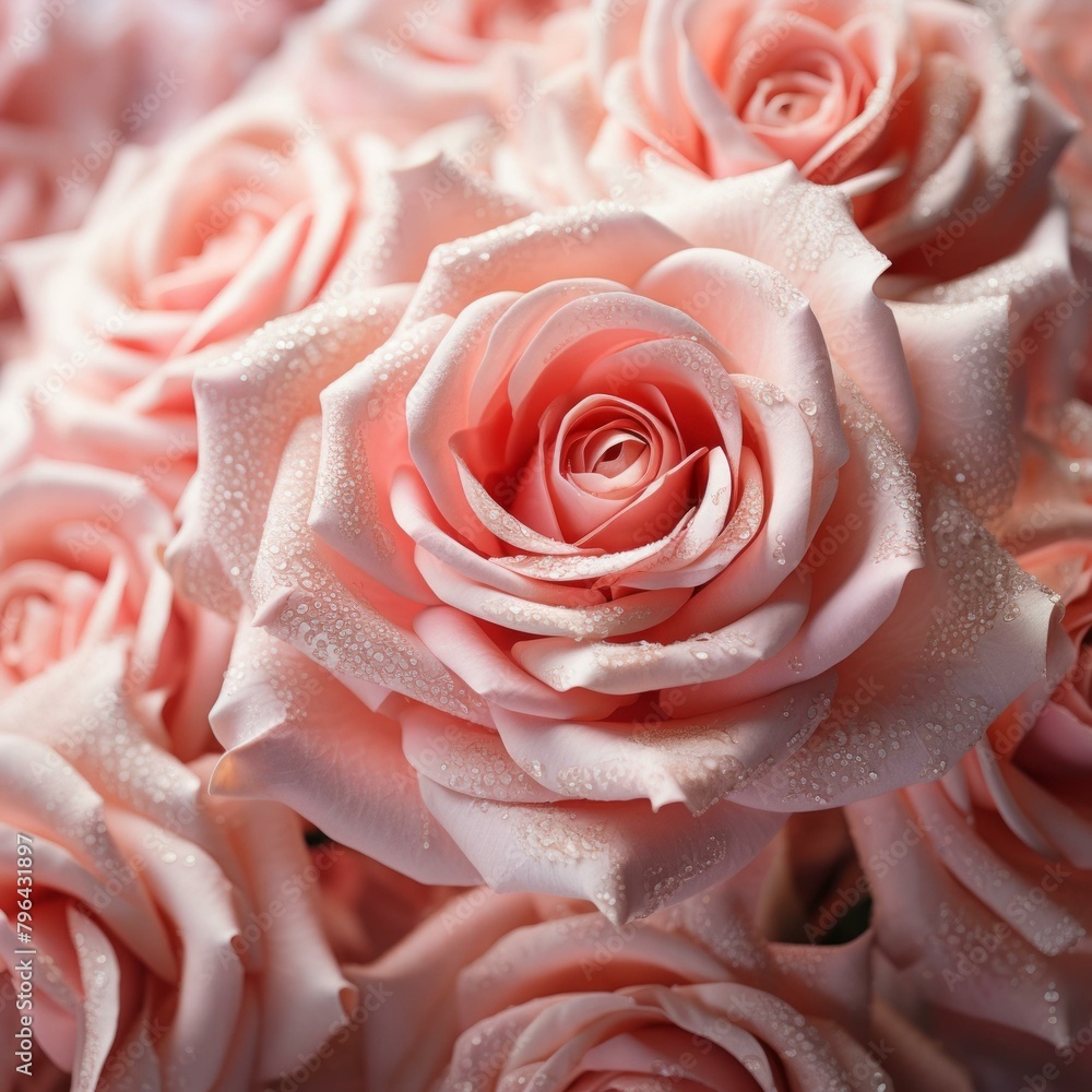 b'Light pink roses with water drops'