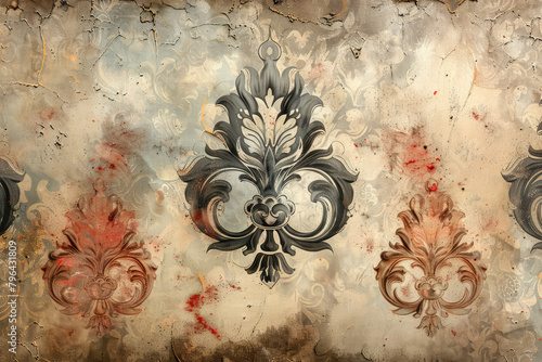 Vintage wall paper, damask pattern with fleur de lis and scrollwork design elements, distressed watercolor background. Created with Ai