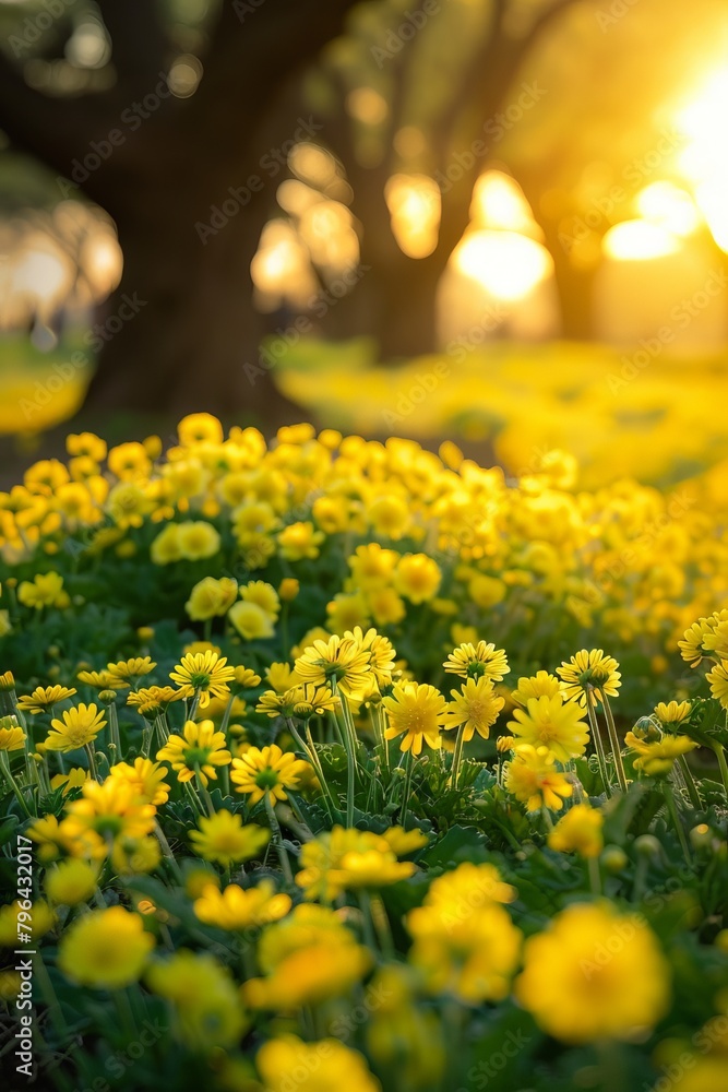 Obraz premium The ground is covered with yellow flowers, and the sky in front has a beautiful sunrise.