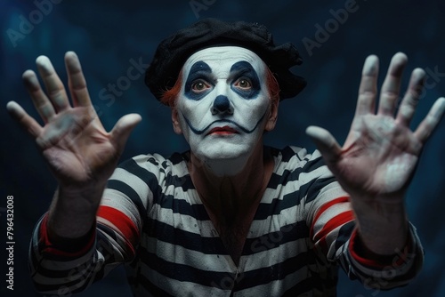 A man dressed as a mime with his hands in the air. Suitable for entertainment industry promotions photo