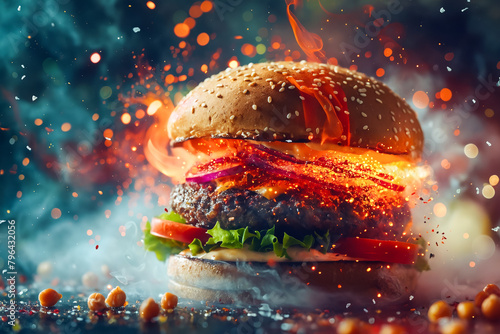 Burger with fire and smoke on black background.