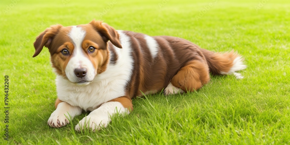 Cute brown and white mixed Dog sitting closeup portrait in the green grass Cute brown and white mixed Dog sitting closeup portrait in the green grass