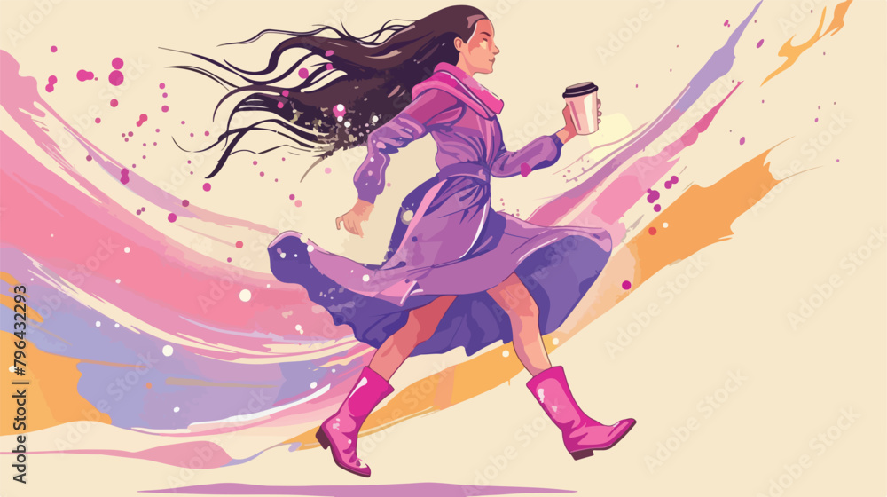 Girl running with a coffee in a purple dress and pink
