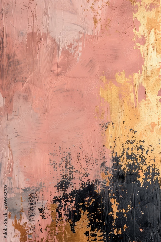 an abstract acrylic paint with rose gold and beige brushstrokes, golden foil, and a minimalist, contemporary style