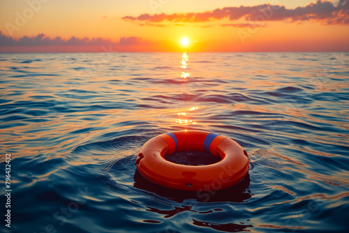 Orange life ring floating in the ocean at sunset. photo