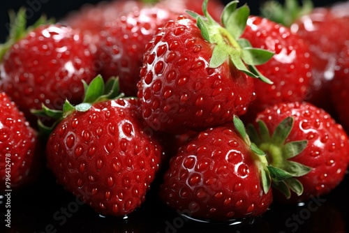 b'Ripe red strawberries with green leaves'