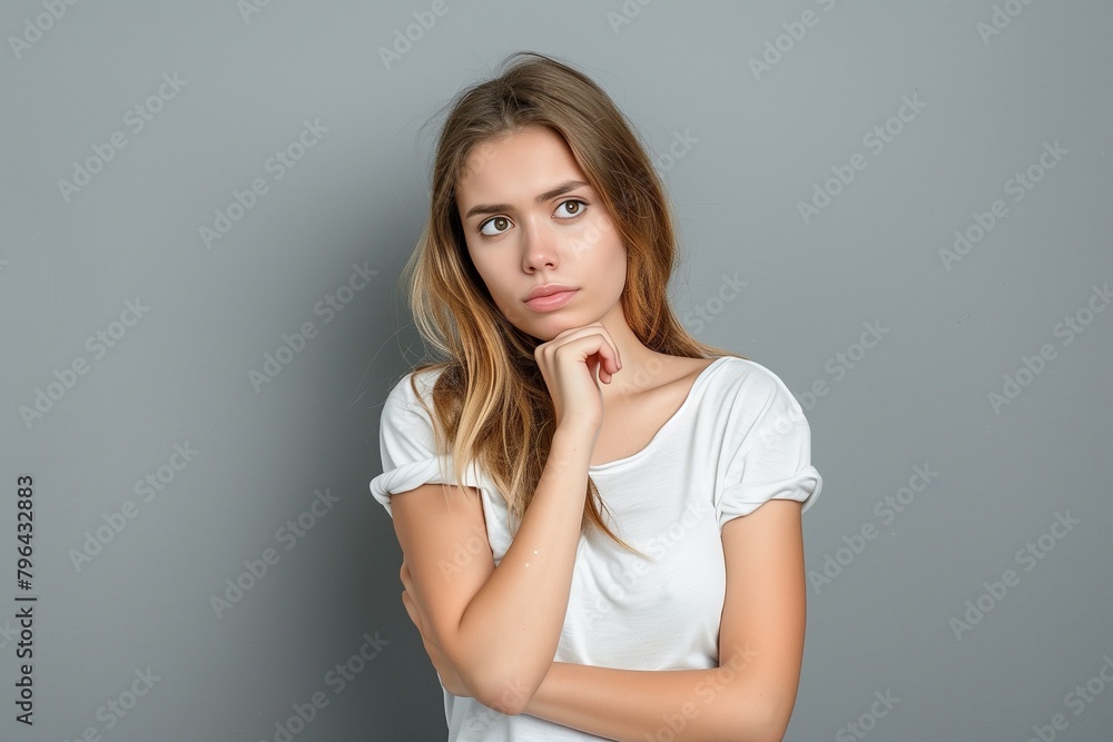 Portrait of a confused woman who is pensively standing on a gray background. Woman holding her chin while contemplating a proposal or making a choice. Place for text Portrait of a confused woman who is pensively standing on a gray background. Woman holding her chin while contemplating a proposal or making a choice. Place for text