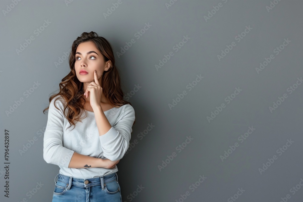 Portrait of a confused woman who is pensively standing on a gray background. Woman holding her chin while contemplating a proposal or making a choice. Place for text Portrait of a confused woman who is pensively standing on a gray background. Woman holding her chin while contemplating a proposal or making a choice. Place for text