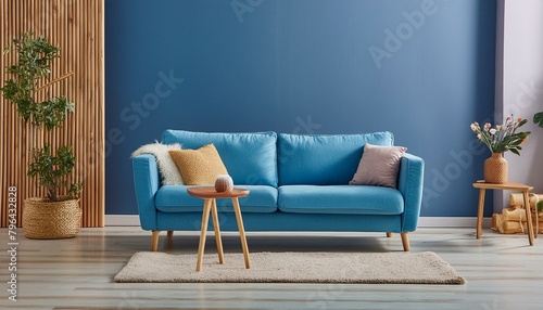 Blue Elegance: Mockup Living Room Interior with a Blue Sofa on a Dark Blue Wall Background" © Sadaqat