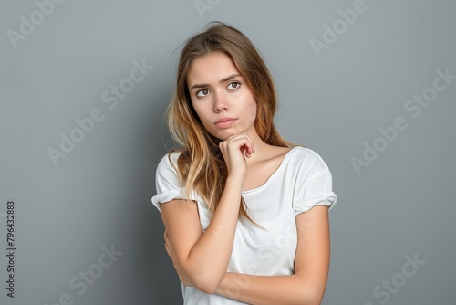 Portrait of a confused woman who is pensively standing on a gray background. Woman holding her chin while contemplating a proposal or making a choice. Place for text