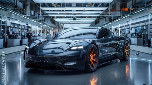 A prototype electric car takes center stage in a sleek showroom, surrounded by state-of-the-art manufacturing equipment, representing the future of automotive innovation   © arti om