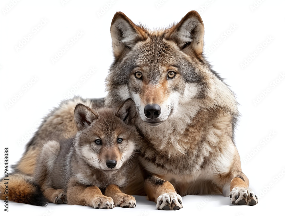 A mature wolf and its cub posing together on a white background, showcasing their natural beauty and familial bond.