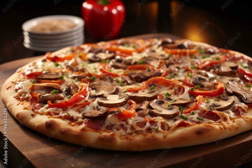 b'A delicious pizza with mushrooms, peppers and cheese' b'A delicious pizza with mushrooms, peppers and cheese'