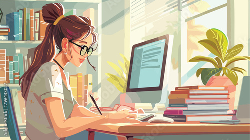 Girl studying with computer and books. Vector illustration