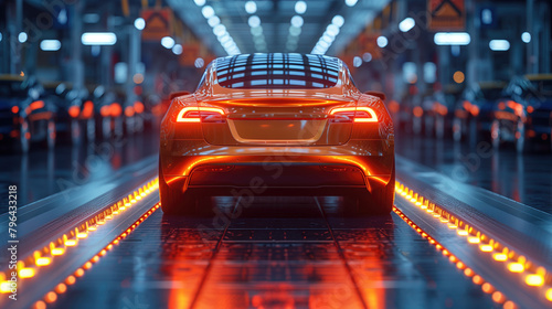 Futuristic LED lighting illuminates the assembly line of an electric car factory, highlighting the advanced manufacturing processes behind vehicle
