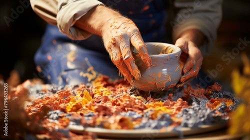 b'A potter shapes a bowl out of clay on a pottery wheel' photo