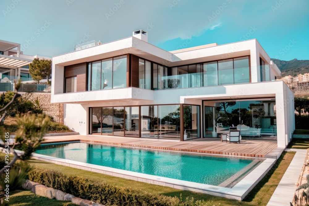 A white house with a pool in front of it, perfect for real estate or vacation concepts A white house with a pool in front of it, perfect for real estate or vacation concepts