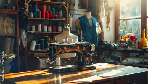 Sewing machine with thread spools and mannequin on table in atelier photo