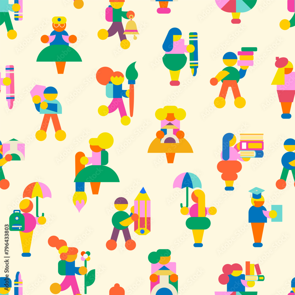Fototapeta premium Children seamless pattern. Modern minimalistic design of crowd of people with school supplies or drawing supplies. Perfect for back to school themes, wrapping, advertising, invitations and more