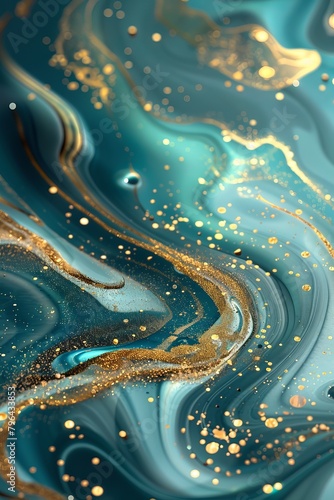turquise background, gold swirls and particles, abstract fluid shapes, gradient effect, glitter texture, 