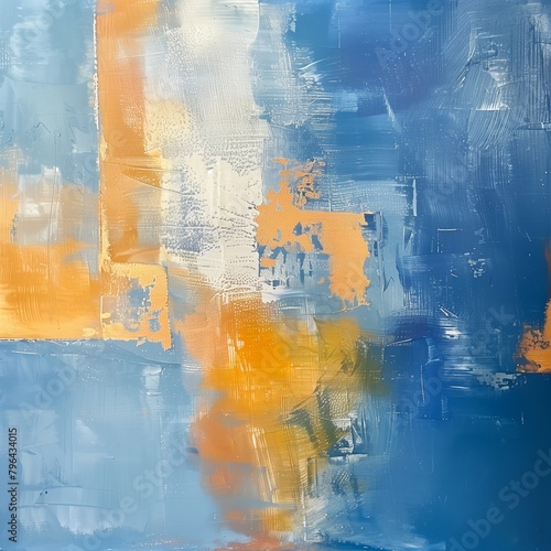 a blue and yellow abstract artwork with white brushstrokes that has a rustic feel and a light sky-blue and pale orange style