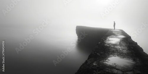 b'A lone figure stands on a pier jutting out into a foggy sea'