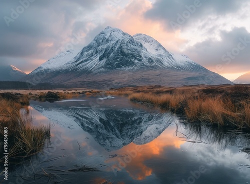 b'Stunning reflection of a snow capped mountain in Scotland'