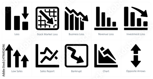 A set of 10 Diagrams and Reports icons as loss, stock market loss, business loss