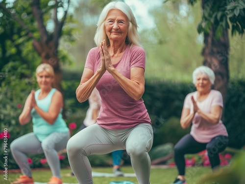 Sporty senior women doing exercise in garden during group training - Mature female exercising hands and knees balance outside - Healthy life style concept