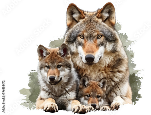 A realistic illustration of a wolf family, featuring an adult wolf and two cubs against a white background.
