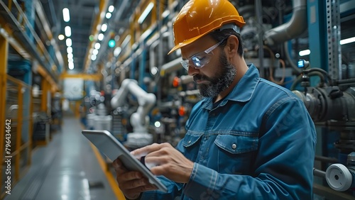 Engineers use tablets for maintenance on Industry 40 robots in factories. Concept Industrial Maintenance, Industry 4,0, Robotics, Factory Operations, Tablet Usage