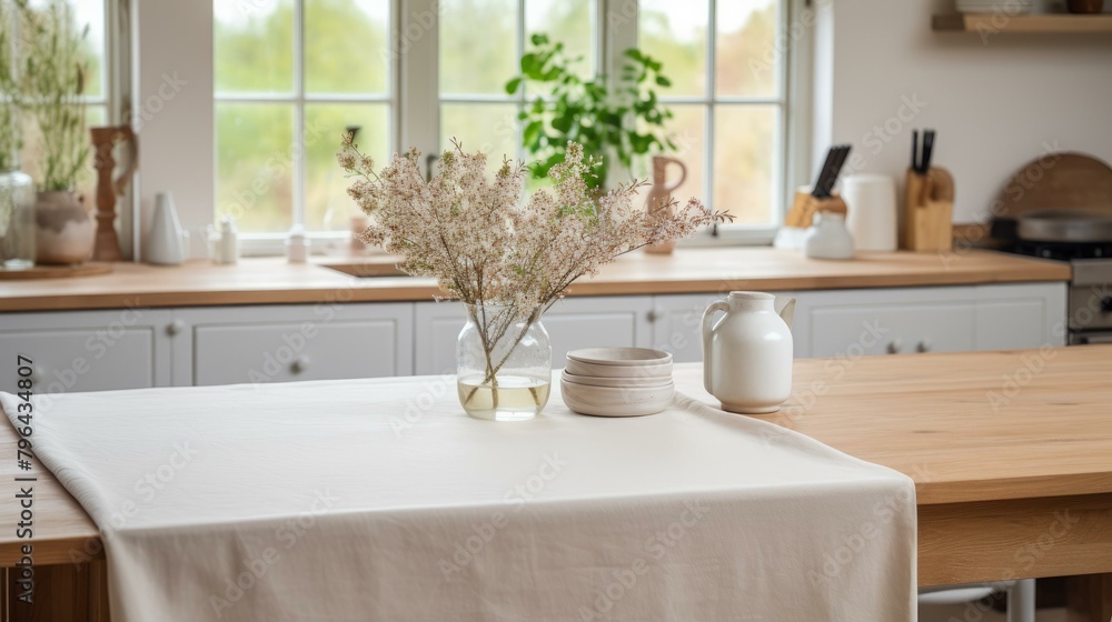 b'A minimalist kitchen with a vase of flowers on the table' b'A minimalist kitchen with a vase of flowers on the table'