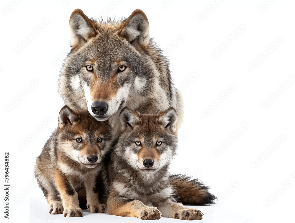 Fototapeta premium A portrait of an adult wolf with two wolf pups, all looking directly at the camera against a white background.