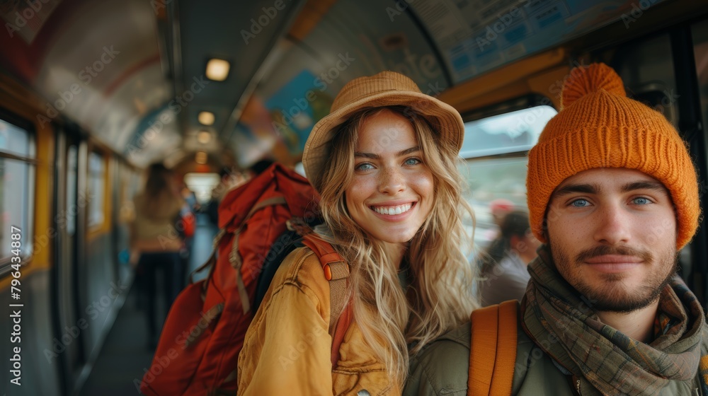 Cheerful young couple wearing stylish hats and travel gear smiles warmly inside a train, capturing the essence of modern travel and adventure. Cheerful young couple wearing stylish hats and travel gear smiles warmly inside a train, capturing the essence of modern travel and adventure.