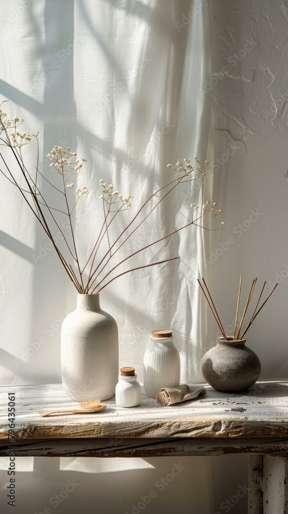 b'Dried flowers and skincare products on a wooden shelf by the window' b'Dried flowers and skincare products on a wooden shelf by the window'