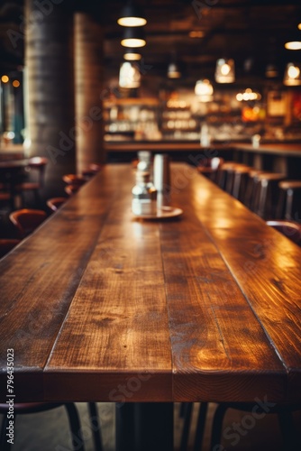 b'Rustic wooden table in a restaurant'
