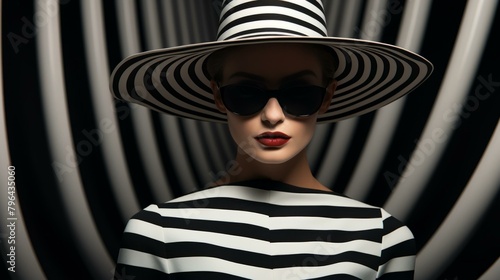 b'Black and white striped hat and dress with red lips'