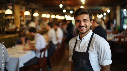 b'Portrait of a happy young male waiter in a busy restaurant' photo