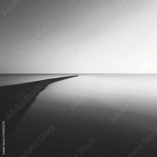 b Black and white photo of a long pier extending into a calm sea 