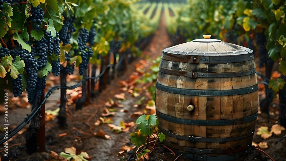 Artistic Representation of a Vintage Wine Barrel in a Vineyard with Grapevines. Concept Wine Barrel, Vineyard, Grapevines, Vintage, Artistic Representation